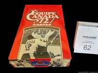 Top view of sealed Équipe Canada ’72 hockey card box with shrink-wrap and Summit Series imagery