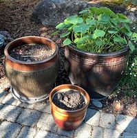 Three ceramic planters grouped on patio showing relative sizes and finishes