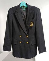 Front view of black Lauren Ralph Lauren double-breasted blazer showing crest patch and gold buttons