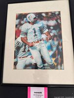Framed autographed Dolphins photo close-up showing player, signature, mat and frame
