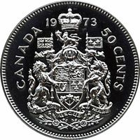 1973 Canada 50-cent reverse showing Canadian Coat of Arms, date 1973 and denomination