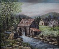 Close view of painted scene showing watermill, stream and surrounding landscape