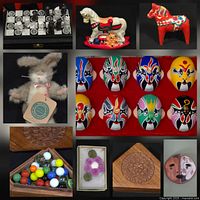 Collage close-ups of each item: chess board, horses, rabbit, masks, wooden carvings, marbles, ceramic disc