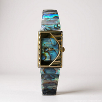 Front view of wristwatch showing abalone inlay on dial and strap