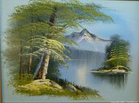 Close-up of painting showing landscape details and signature