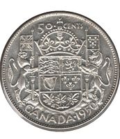 Reverse of 1950 Canadian 50-cent coin showing coat of arms