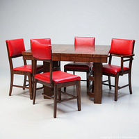 Dining table with five red vinyl chairs front angle