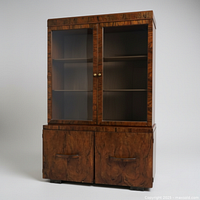 Full front view of walnut hutch showing glass doors and storage base