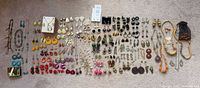 Full lot laid out showing quantity and variety of earrings and necklaces