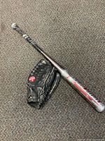 Full view of silver bat and Rawlings glove on carpet