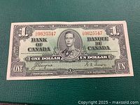 Front view of the 1937 Bank of Canada one-dollar bill showing full design, serial number, signatures, and portrait
