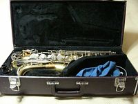 Open hard case displaying saxophone body, neck, mouthpiece area and cloth inside plush interior