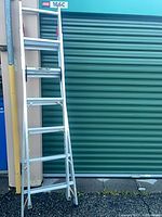 Full view of ladder in A-frame position leaning against door