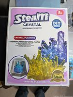Front of Steam Crystal kit box displaying brand, age rating, images of crystals