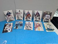 First set of ten goalie cards laid out on blue cloth