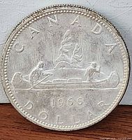 Reverse of 1966 Canadian silver dollar showing Voyageur canoe design