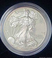 Obverse of 1999 proof American Eagle coin in capsule