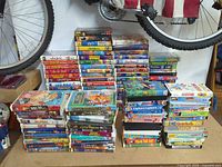 Wide shot of all VHS stacks on floor