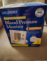Front of retail box showing LifeSource Premium Automatic Blood Pressure Monitor