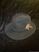 Front angled view of the Tilley fur felt fedora hat showing feather and band