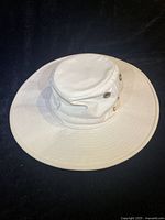 Top view of white Tilley hat showing crown and brim