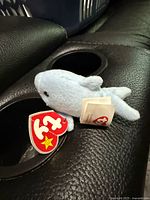 Full view of dolphin plush lying on black leather surface showing Ty swing tag