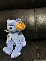 Front view of Ty Beanie Baby bear showing color, ribbon and swing tag