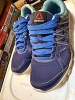 Top view of both blue Reebok shoes showing uppers, laces, logos