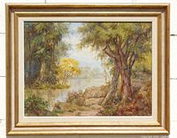 Framed painting front view shows artwork, frame and overall condition
