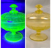 Compote under UV and normal lighting showing fluorescence and ribbed design
