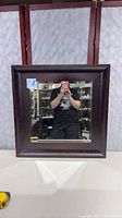 Front view of dark brown framed square wall mirror