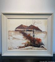 Full view of framed D.C. Armstrong winter barn painting