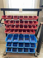 Full view of rack with red and blue bins