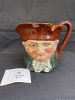 Front view of Royal Doulton Old Charley Toby mug showing character face and height scale