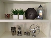 Both shelves showing all nine decor pieces