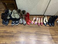 Lineup of women’s footwear showing boots, pumps, sandals