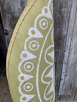 Close-up of green and white woven pattern with edge binding