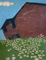 Front close-up of linocut image showing colours and subject