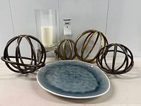 Full lot showing platter, hurricane, candle, 4 metal orbs