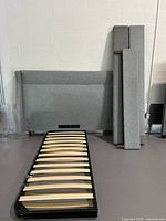 All components: upholstered headboard, side rails, slat frame