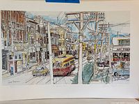 Full view of signed print showing urban streetcar scene, margins and numbering visible