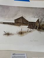 Full view of lithograph showing snow-covered barn, artist signature visible