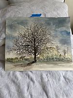 Full view of watercolor painting showing tree and background