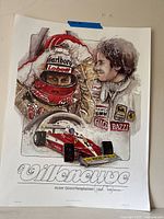 Full view of unframed lithograph showing portraits, car, title.