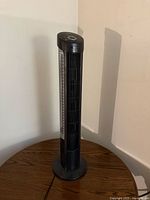 Full view of black and silver tower fan on round base