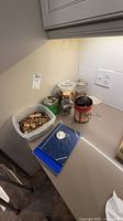 Wide view of plastics tub, jars, tin, blue binder with assorted coins