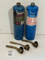 Front view of both propane cylinders and three torch heads