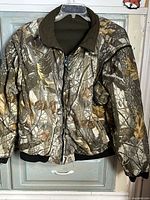 Front view of camouflage jacket on hanger