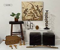 Entire lot with artwork, seating, candleholders, wooden items, faux plant