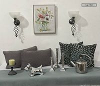 Overall lot with sconces, art, pillows, runner, candlesticks, Scottie dog bank, candle holder, teapot